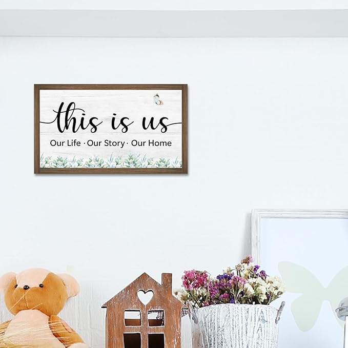 This is Us Wooden Box Sign Desk Decor,Rustic Family Saying Wood Block Sign for Home Farmhouse Bedroom Shelf Tabletop Wall Decor