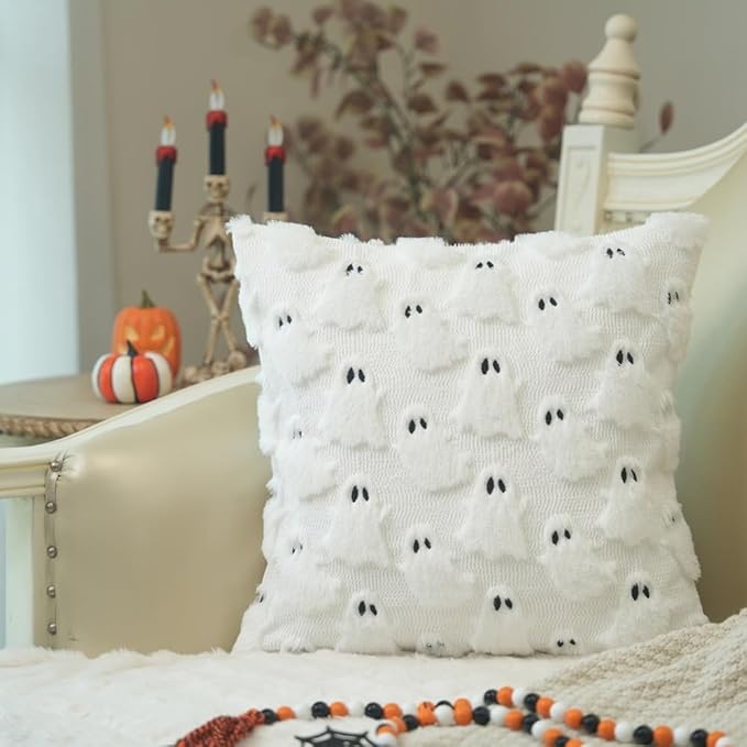 GEEORY Halloween Ghost Soft Plush Pillow Covers, 16 x 16 Inch Set of 2, Fluffy Faux Fur Wool Decorative Farmhouse Cushion Case for Sofa Home Decoration White GC026-16