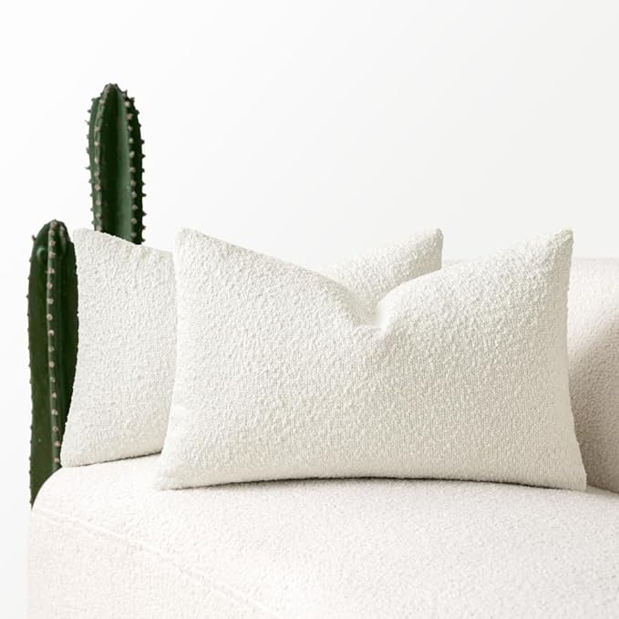 MIULEE 12x20 Inch Decorative Lumbar Throw Pillows for Bed Set of 2 Textured Boucle Neutral Throw Pillow Covers White Accent Solid Pillowcase Cozy Soft Sofa Livingroom Home Decor