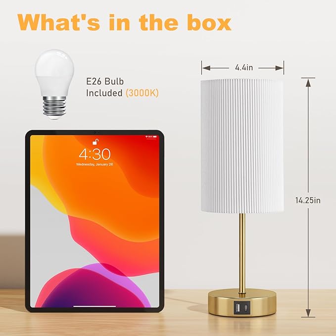 AKASUKI Table Lamp for Bedroom, 3 Way Dimmable Touch Lamp with Dual Charging Station, Small Bedside Lamps for Night Stands, Living Room, Office(LED Bulb Included)