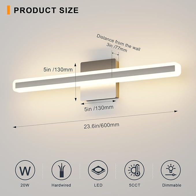 24 inch LED Vanity Lights Brushed Nickel Bathroom Light Fixture Bathroom Vanity Lights Over Mirror Vanity Lighting Fixtures 5 Color Temperature Dimmable Led Light Bar 5CCT
