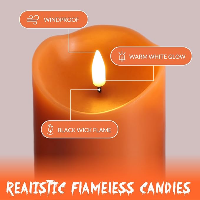 Eywamage Orange Flameless Pillar Candles with Remote, Halloween Fall LED Candles Battery Operated Real Wax, Set of 3