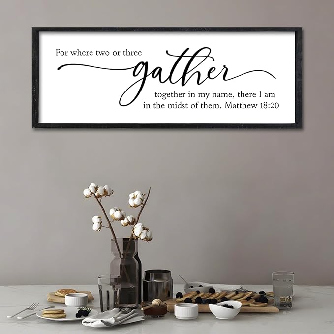 Surfapans For Where Two Or Three Gather Sign Wall Art Decor 32"X12" Dining Room cripture Matthew 18 20 Bible Verse Large Wood Framed Hanging (Black)