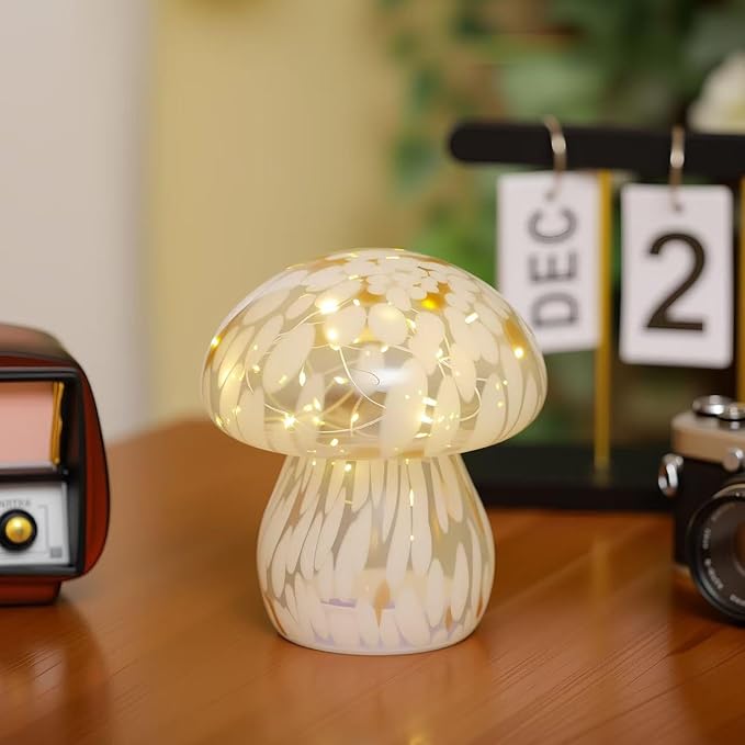 Small Glass Mushroom Table Lamp Night Light Bedside Desk Lamp for Bedroom Nightstand Light-White