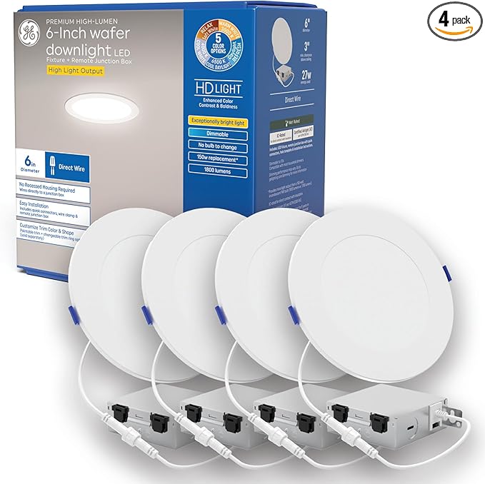 GE Color Select LED Wafer Downlight, Premium High-Lumen Direct Wire Ceiling Light, 6-Inches (4 Pack)