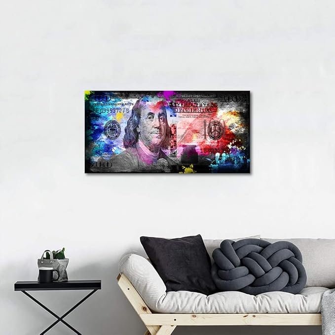 Inspirational Canvas Wall Art 100 Dollars Bill ArtWork Canvas Print Office Decor Money Pop Art Entrepreneur Motivational 100 Bill Cash Posters Pictures for Home Decor Framed ready to Hang - 32"Wx16"H