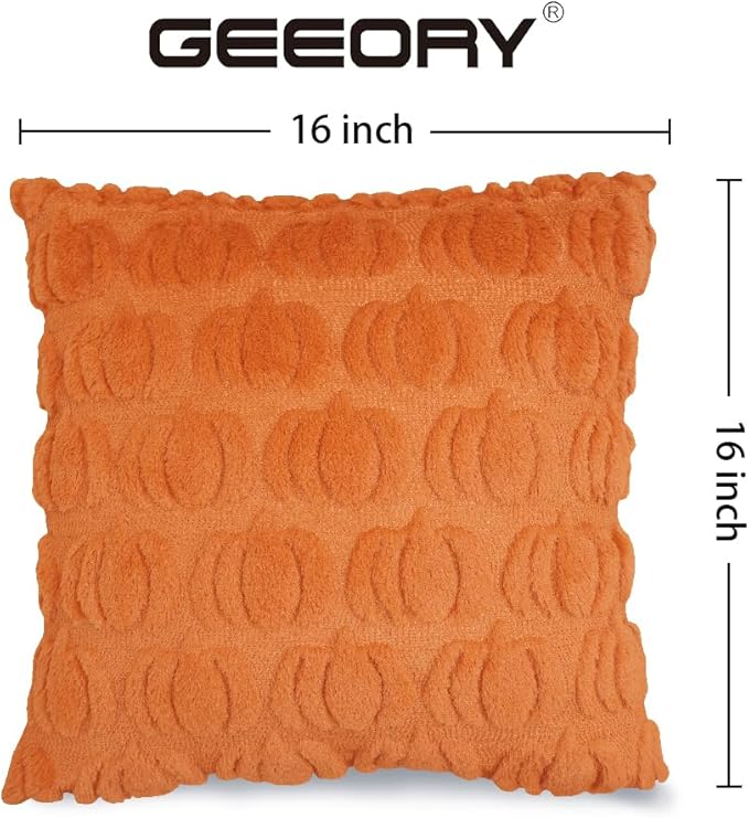 GEEORY Fall Pumpkins Soft Plush Pillow Covers, 16 x 16 Inch Set of 2, Fluffy Faux Fur Wool Decorative Farmhouse Cushion Case for Sofa Home Decoration Orange GC018-16