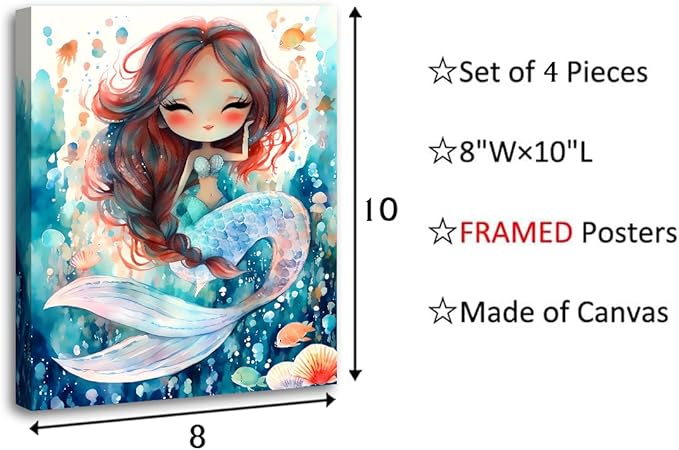 Framed Mermaid Bathroom Wall Art, Mermaid Canvas Prints, Set of 4 (8"x10")