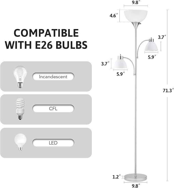 VONLUCE 71" Floor Lamp for Living Room with 3 Bulbs, Standing Lamp with Adjustable Reading Light, Modern Torchiere Floor Lamp with 3 Color Temperatures, Tall Lamp for Bedroom Corner, Nickel