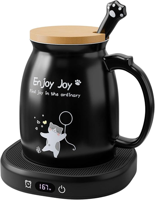 Cute Cat Coffee Mug Warmer Set, 8 Hour Auto Shut Off Cup Warmer for Desk Office Home, Candle Tea Milk Beverage Electric Coffee Warmer with 4 Temperature Setting, Christmas Birthday Ideas for Women Men