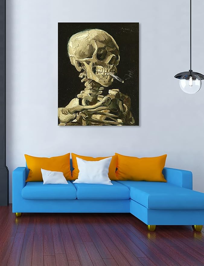 DECORARTS - Head of a Skeleton with a Burning Cigarette. Vincent Van Gogh Art Reproduction. Giclee Print on Canvas. Wall Art for Home. 40x32