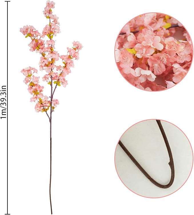Uieke Silk Cherry Blossom Branches, 39.3in Artificial Cherry Blossom Tree Stems, Fake Plum Blossom Flowers Arrangement for Wedding Home Japanese Decor, Set of 3, Pink