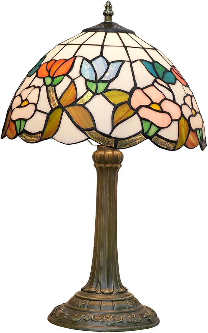 Tiffany Stained Glass Table Lamp, 12 Inch Pastoral Style Morning Glory Design Bedside Lamp, Suitable for Bedroom, Dining Room and Other Home Decoration Art (Pink, Blue and Orange)