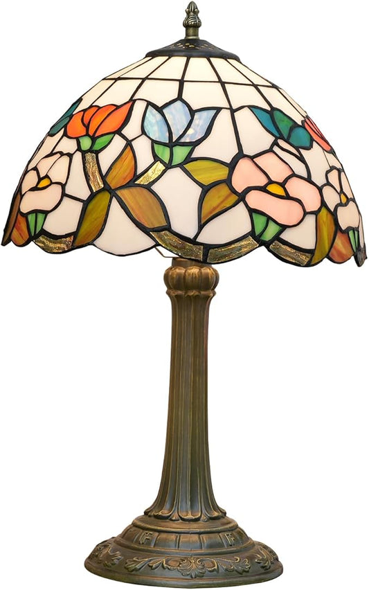 Tiffany Stained Glass Table Lamp, 12 Inch Pastoral Style Morning Glory Design Bedside Lamp, Suitable for Bedroom, Dining Room and Other Home Decoration Art (Pink, Blue and Orange)