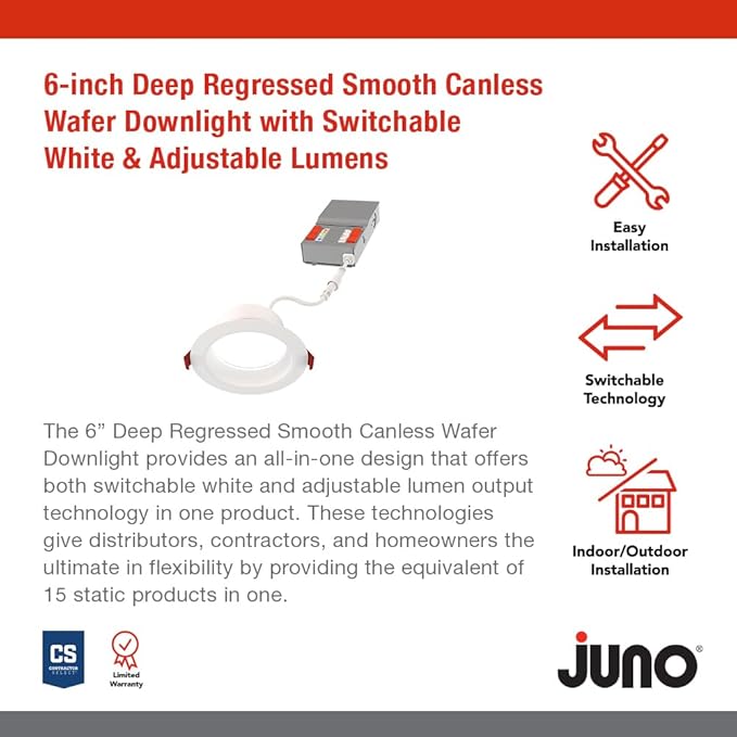 Juno LED Recessed Lights 6 Inch Round Wafer Downlight, 5-in-1 Switchable White Color Temperature, Adjustable Brightness, Deep Regressed Smooth Trim, 6-Inch, Matte White
