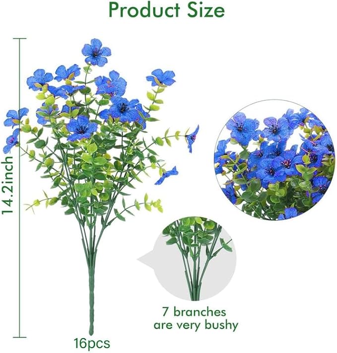 Artificial Faux Plants Flowers Outdoor Spring Summer Decoration, 16 Bundles Artificial Flowers Outdoor UV Resistant Fake Plastic Flowers Faux Plants for Planter Porch Patio Decor (16, Blue)