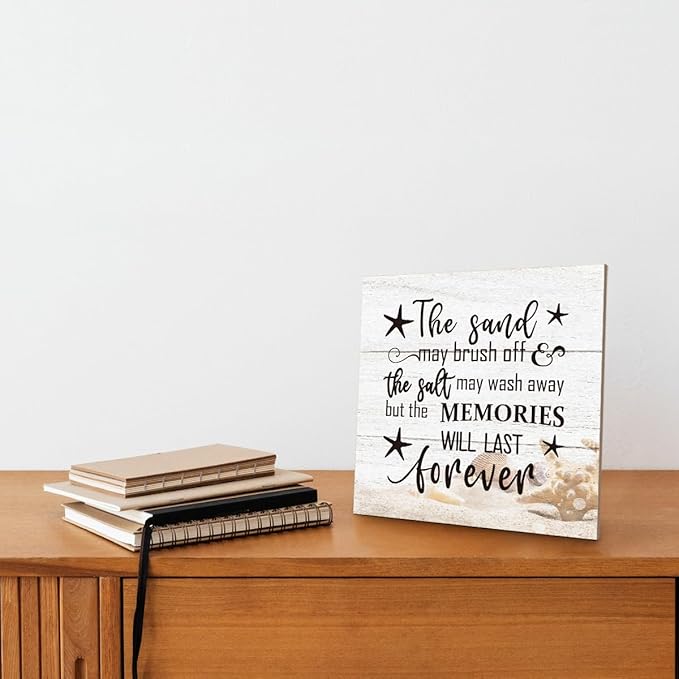 Beach Wood Sign, “The Sand May Brush Off the Salt May Wash Away but the Memories Will Last Forever”, Wooden Plaque Table Art Sign, Ocean Theme Home Decorations, Coastal House Decor, Family Sign F