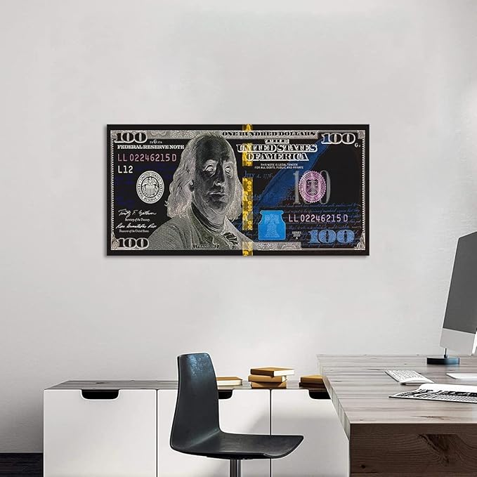 Abstract Creative 100 Dollar Bill Print Abstract Benjamin Franjlin Money Artwork Cash Art Print Rich Money Millionaire Canvas Paintings for Living Room Bedroom Wall Decor Framed Easy to Hang-32"Wx16"H