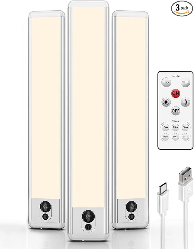 EZVALO 3 Pack Under Cabinet Lighting, Rechargeable Motion Sensor Light, LED Closet Lights Wireless, 3500K Dimmable, Timer, Magnetic, with Remote Control for Kitchen, Closet, Stair