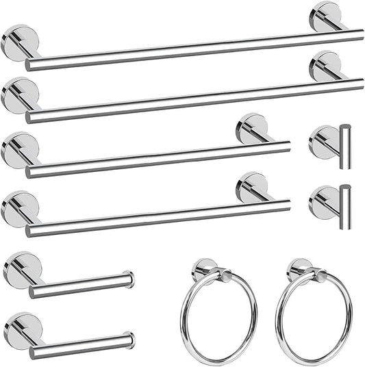 Cilee 10 Piece Chrome Bathroom Hardware Set,2 Pack 5 Piece Bathroom Accessories Set Include 24 inch,16 inch Toilet Paper Holder, Towel bar,Towel Ring,Towel Hook,Stainless Steel Wall Mounted