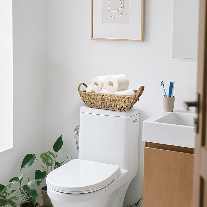 Paper Rope Woven Toilet Paper Basket, Small Wicker Storage Baskets for Organizing with Handles, Bedroom Decor Baskets Toilet Tank Shelf Storage Bins (Set of 2, Natural)