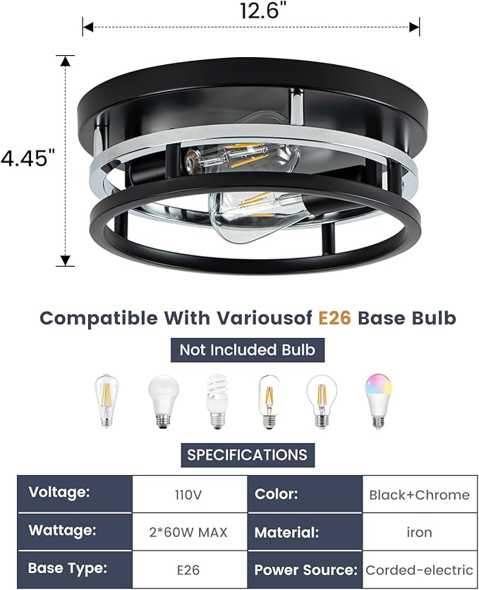 2 Light Industrial Ceiling Light Black Chrome Semi Flush Mount Lights Close to Ceiling Light Fixtures,cage design Farmhouse Ceiling Lighting for Kitchen Bedroom Bathroom Foyer Hallway (E26, 1Pack)