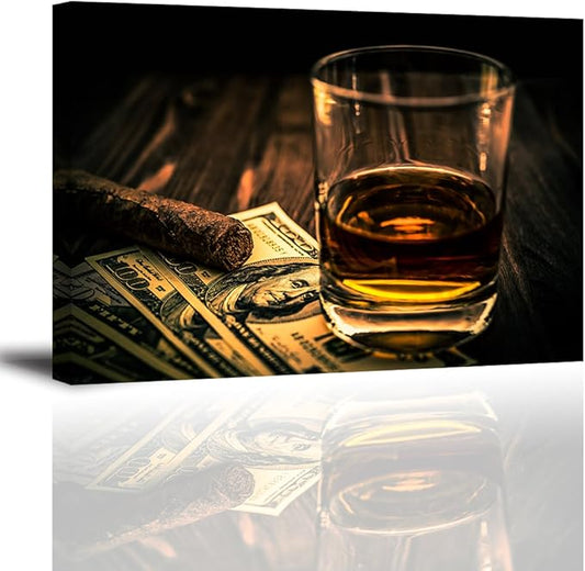 Cigar and Wine Wall Art for Bar, PIY Whiskey Picture Canvas Painting Prints Artwork (Waterproof Home Decor, 1" Thick, Bracket Mounted Ready to Hang, 20x30 Large)