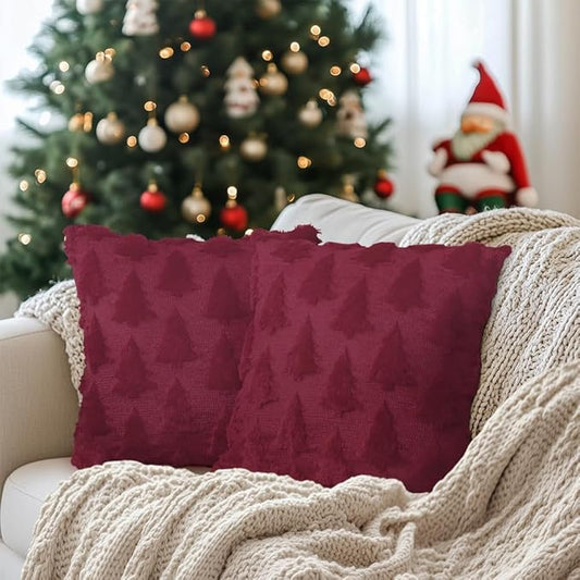 GEEORY Christmas Tree Throw Pillow Covers 20x20 Inch Set of 2, Xmas Winter Soft Plush Faux Fur Wool Decorative Farmhouse Holiday Cushion Case for Home Decoration (Wine Red) GC009-20