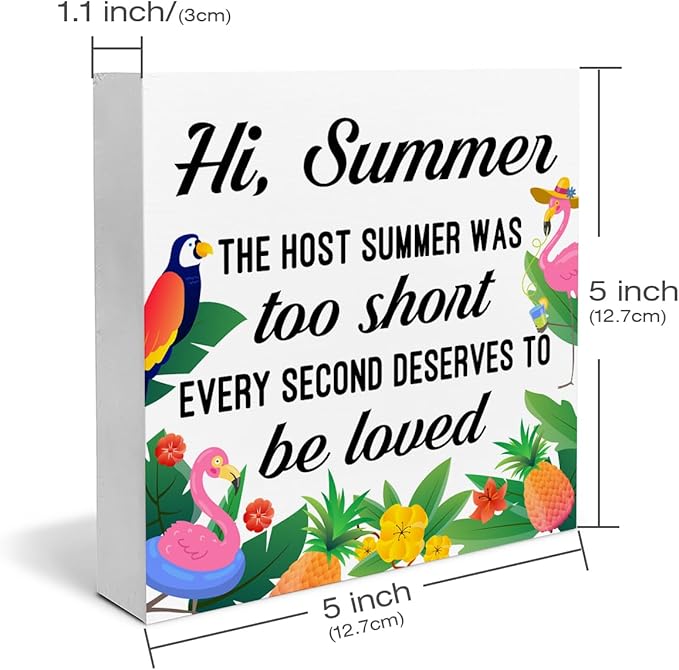 Summer Decorations Summer House Wood Block Sign Flamingo Decor for Home Desk Table Shelf 5 x 5 Inches