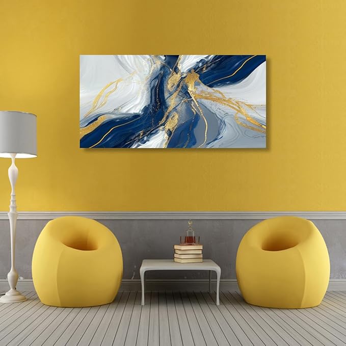Golden Blue Wall Art Print Oil Paintings Abstract Canvas Wall Art for Living room Office Bedroom Modern Flow of White Golden Blue Pictures Wall Decor Artwork Waterproof Ready to Hang - 20in * 40inch