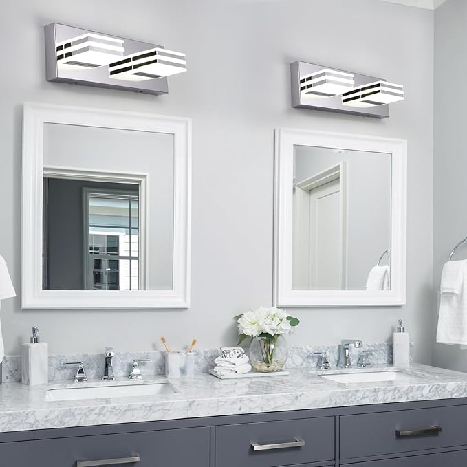 LED Vanity Light Bar 2 light Bathroom Mirror Light Fixtures Modern 12W Bath Lamps Over Mirror 14 Inch Bathroom Wall Lighting Fixtures Chrome Restroom Lights Fixtures over Sink Acrylic Vanity Sconces