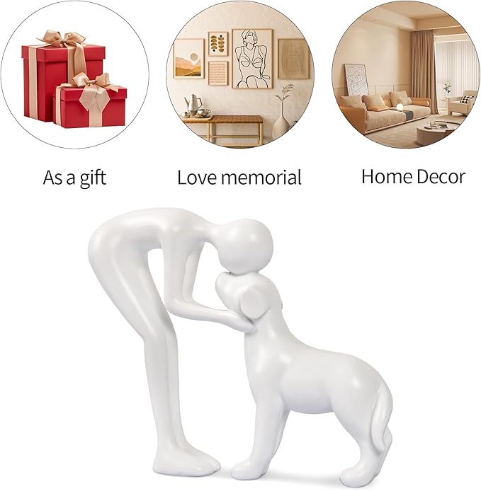 Dog Sculpture Home Decor Cute Man and Dog Statue Decoration for Office、Living Room、Bedroom、Home， Memory Gifts for Pet Lovers (White)