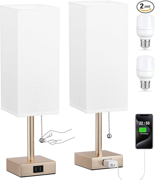 Gold Bedside Table Lamps for Bedroom Set of 2 - Small Rectangular Nightstand Lamp with AC Outlet Charging Port, 3 Color Temperatures Desk Light, Tabletop Reading Lamp for Living Room/Dorm/Office