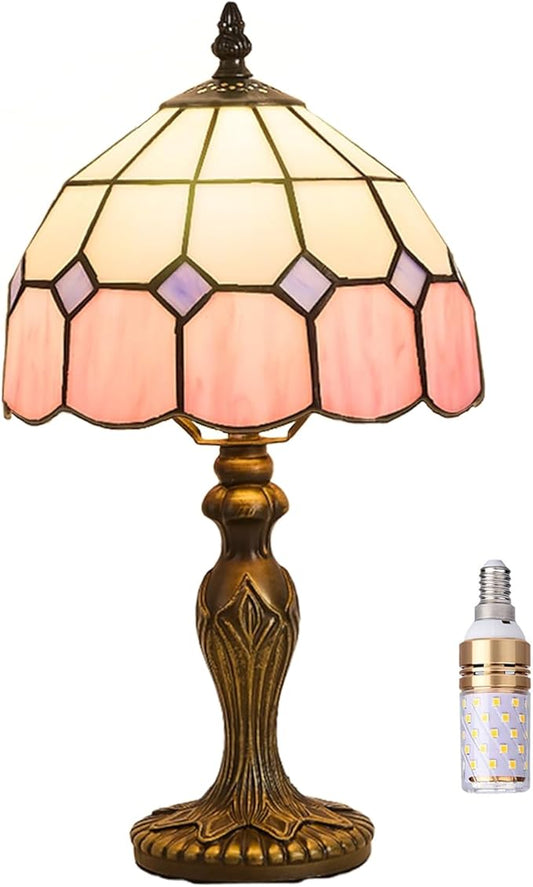 Tiffany-Style 8 Inch Table Lamp Mediterranean Series Stained Glass Lampshades Small Bedside Lamp Reading Antique Desk Light Livingroom Bedroom Office Vintage Art Deco Victorian(Color:Pink)