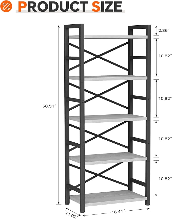 Homeiju Organization and Storage, 5 Tier Bookshelf, Tall Bookcase with Shelves, Wood and Metal Book Shelf Storage Organizer, Industrial Display Standing Shelf Unit for Bedroom, White
