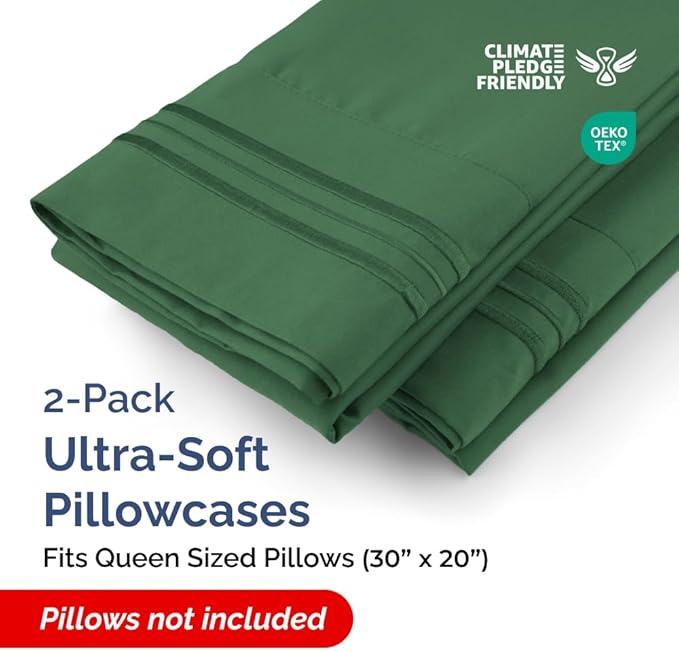 Queen Pillow Cases Set of 2 - Ultra Soft Hotel Quality Pillowcase Covers - Comfy, Cozy & Wrinkle Free - Shrinkage and Fade Resistant - Machine Washable Pillow Protectors - 2 Piece Set - Emerald Green