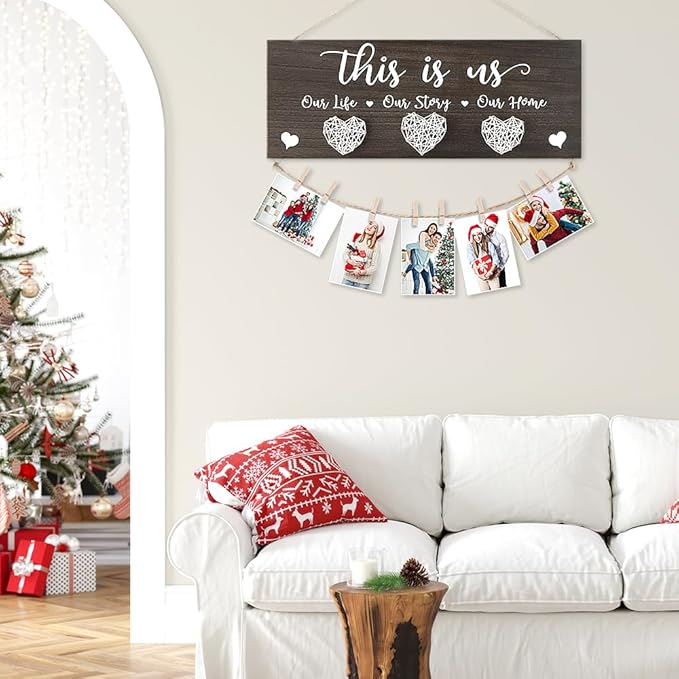 AKEROCK Couples Christmas Gifts, This Is Us Wall Decor, Rustic Wooden Hanging Christmas Picture Frame - Christmas Gift for Couples, Family, Housewarming, Home, Wedding - Dark
