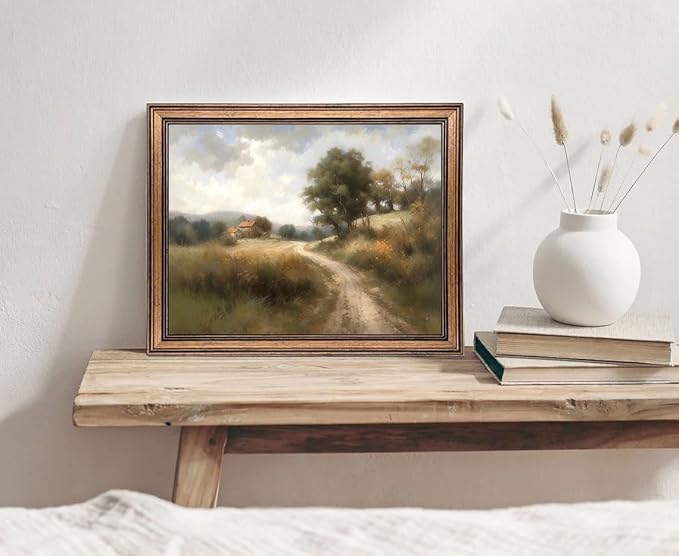 Framed Vintage Wall Art Classical Oil Painting Country Road Canvas Print Kitchen Living Room Farmhouse Wall Decor (Rural Trail, 16L x 12W)