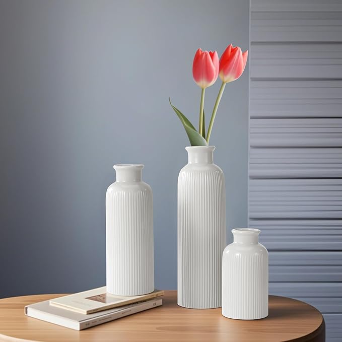 Small White Ceramic Vase Set of 3, Boho Modern White Flower Vase Room Decor, Farmhouse Decor, Vases for Your Kitchen, Bathroom, Bedroom, Living Room, Office&Shelf Centerpiece Table Decorations