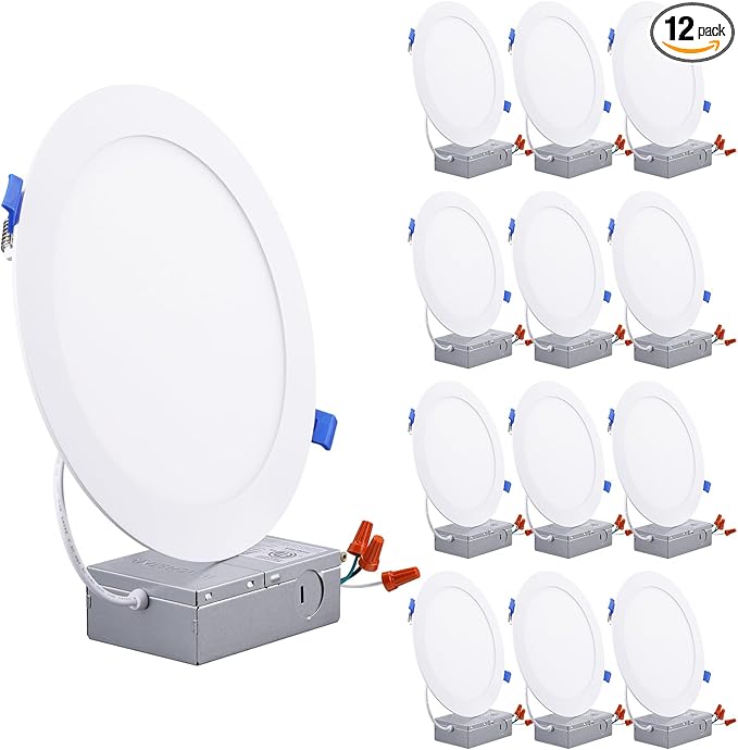 TORCHSTAR Basic Series 12-Pack 8 Inch Ultra-Thin LED Recessed Lighting with Junction Box, CRI90, Aluminum, 5000K Daylight, 5%-100% Dimmable Slim Recessed Downlight, 18W 1500LM, ETL and Energy Star
