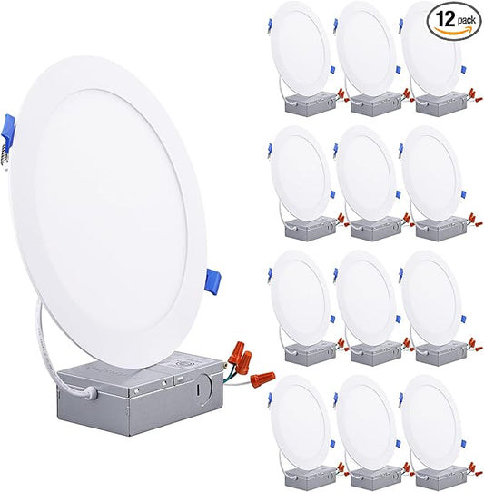 TORCHSTAR Basic Series 12-Pack 8 Inch Ultra-Thin LED Recessed Lighting with Junction Box, CRI90, Aluminum, 5000K Daylight, 5%-100% Dimmable Slim Recessed Downlight, 18W 1500LM, ETL and Energy Star