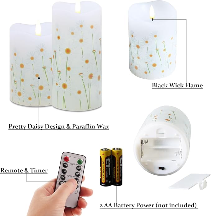 Eywamage White Floral Flameless Pillar Candles with Remote, Flickering Spring Daisy Battery LED Candles Set of 2