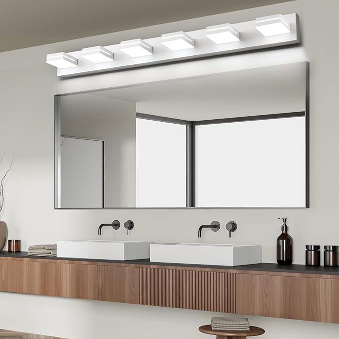 SineRise LED Modern Bathroom Vanity Light Fixtures (6-Light, 48-Inch, Dimmable), Matte White Modern Acrylic Bathroom Wall Lighting Fixtures Over Mirror (Cool White 6000K)
