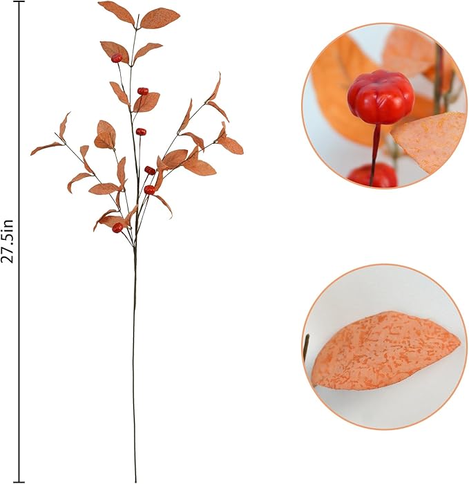 Uieke 8PCS Artificial Fall Eucalyptus Stems, 27.5inch Fall Flowers with Orange Red Pumpkin Berries Long Stems for Vase Home Wedding Florals Arrangement Autumn Thanksgiving Decor
