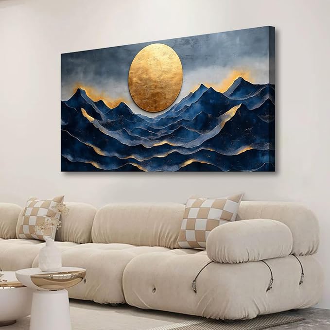 Golden Moon Pictures Canvas Wall Art for Living room Office Bedroom Wall Decor, Landscape Wall Art Print Paintings Modern Golden Blue Scenery Artwork Waterproof Ready to Hang-20x40inch