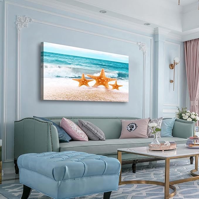 Beach Canvas Wall Art for Living room Office Bedroom Ocean Wall Art Print Oil Paintings Modern Sea Waves Starfish Pictures Blue Wall Decor Artwork Waterproof Ready to Hang - 20in * 40inch