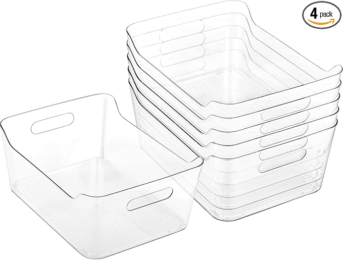 Clear Plastic Storage Bins-Pantry Organizers & Storage Containers-Refrigerator Organizer Bins with Handle - Home Organization Must Haves for Kitchen(Clear 4 Pack-Large)