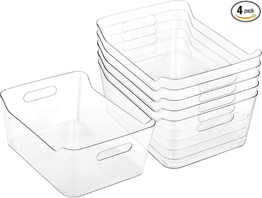 Clear Plastic Storage Bins-Pantry Organizers & Storage Containers-Refrigerator Organizer Bins with Handle - Home Organization Must Haves for Kitchen(Clear 4 Pack-Large)