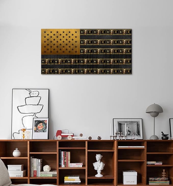 Creative American Flag Wall Art American Flag Made Up of Dollars Art Print Office Artwork Wall Decor Retro Money USA Flag Abstract Work Pictures for Office Decor Gallery-Wrapped Easy to Hang-32"Wx16"H