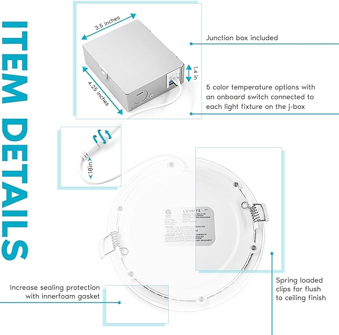 LUXRITE 6 Inch Ultra Thin LED Recessed Light with J-Box, 15W, 5 Color Selectable 2700K-5000K, 1400 Lumens, Dimmable LED Wafer Lights, High Output, Wet Rated, IC Rated, Energy Star (4 Pack)